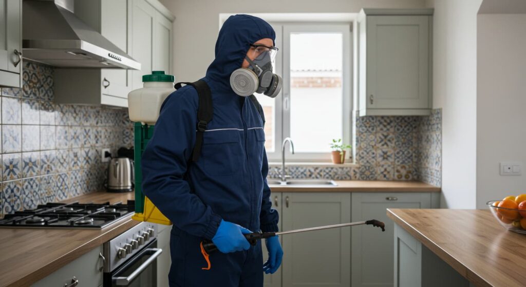 Hombre en traje de protección en una cocina, usando un rociador para fumigación de casas en Guatemala