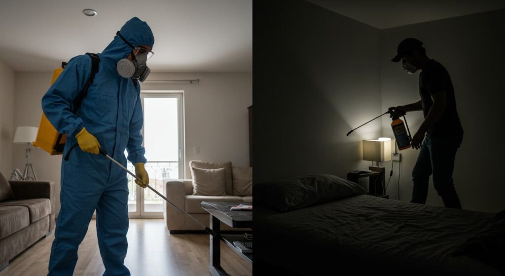 Dos imágenes de un hombre y una mujer, ambos en traje azul, relacionados con fumigación para casas en Guatemala.