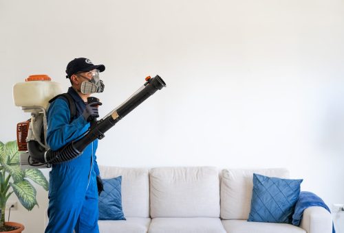 Hombre con uniforme azul sosteniendo una aspiradora, realizando fumigación para casas en Guatemala.