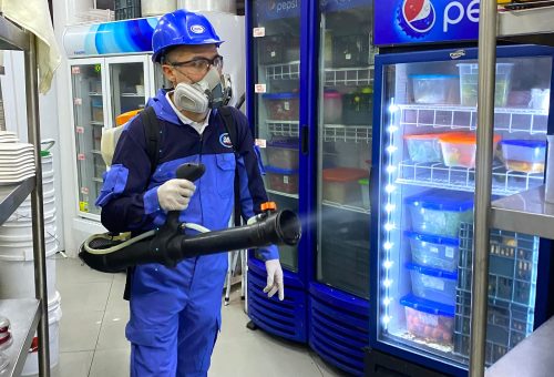 Hombre con traje azul y guantes azules sosteniendo un rociador, realizando fumigación para empresas en Guatemala.